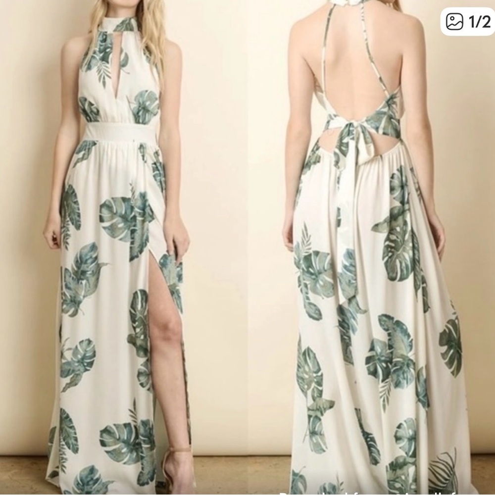 New w/tags  VICI White and Green Palms Halter Maxi Dress